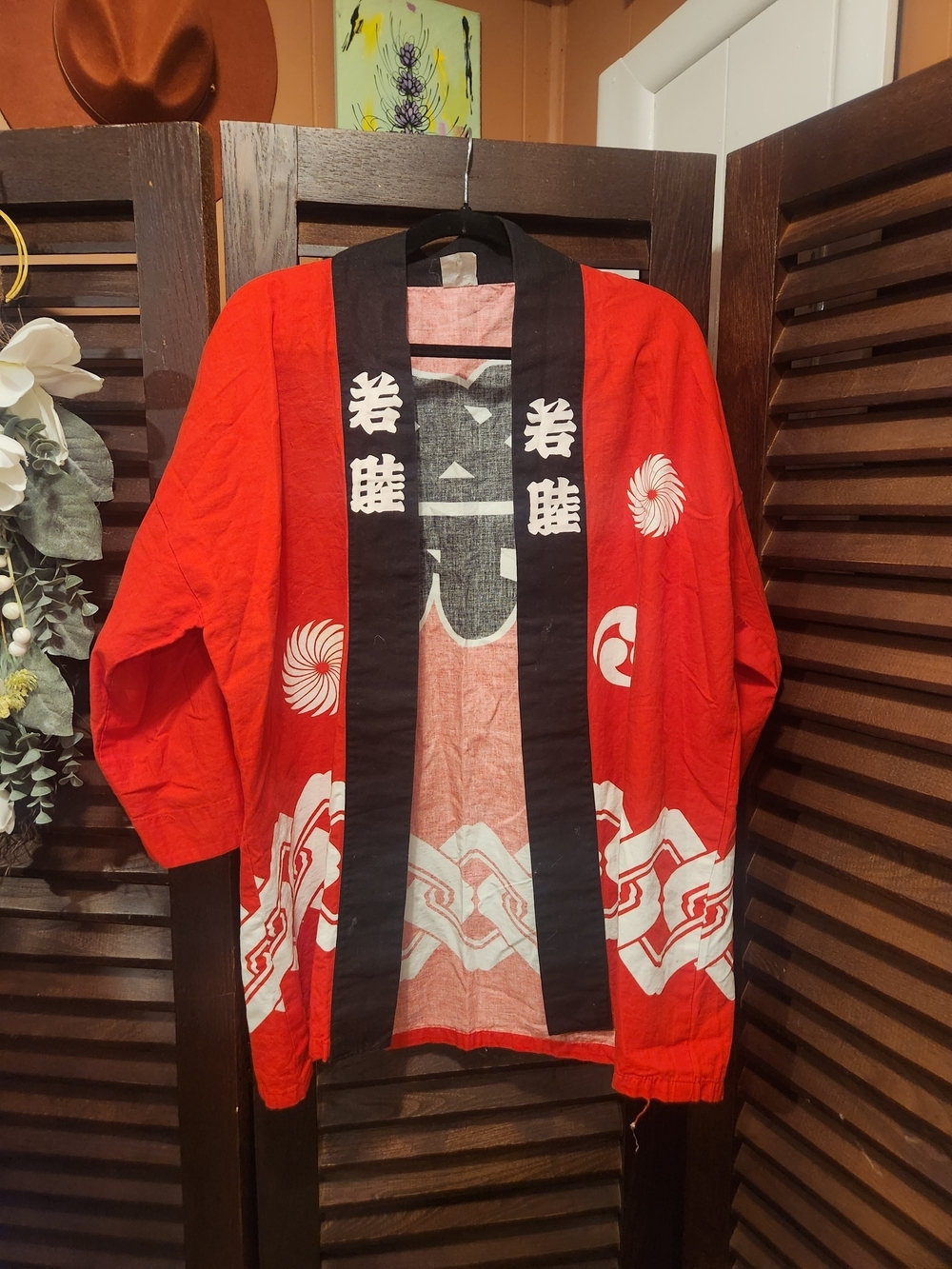 Red Japanese Happi Coat with Black Trim and White Crest Prints